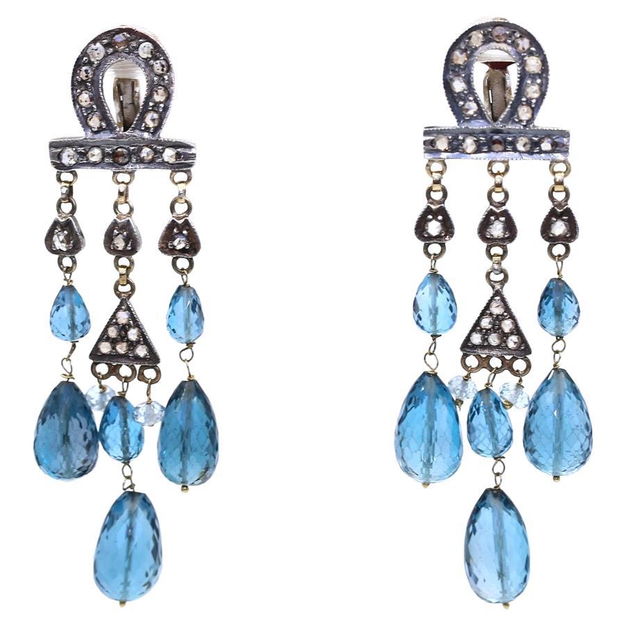 Aquamarine Gold Silver Diamonds Chandelier Earrings, 1930