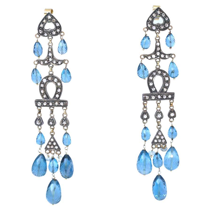 Long Diamond/Aquamarine Chandelier Earrings at 1stDibs