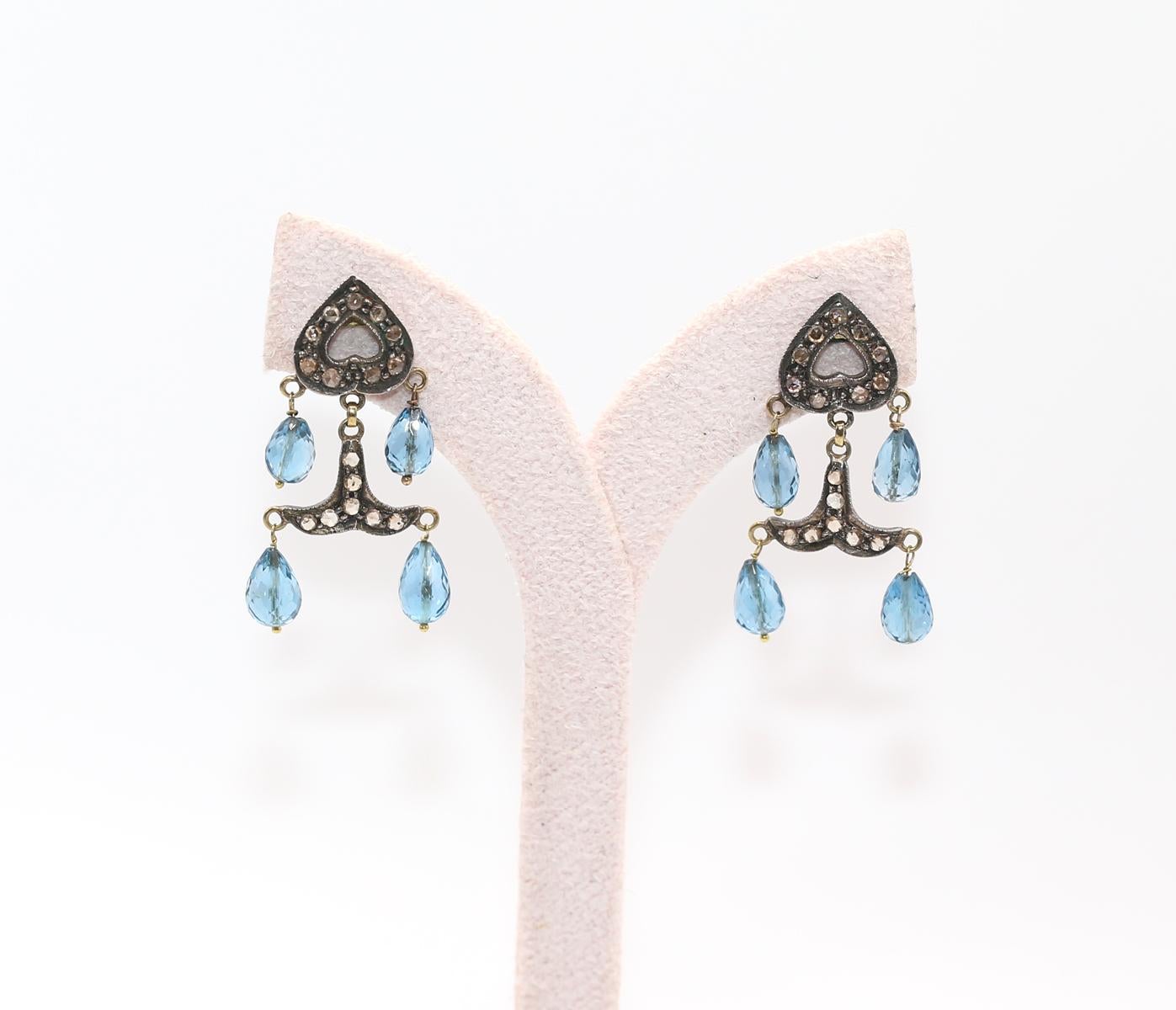 Modern Aquamarine Gold Silver Diamonds Mini Chandelier Earrings, 1930 For Sale