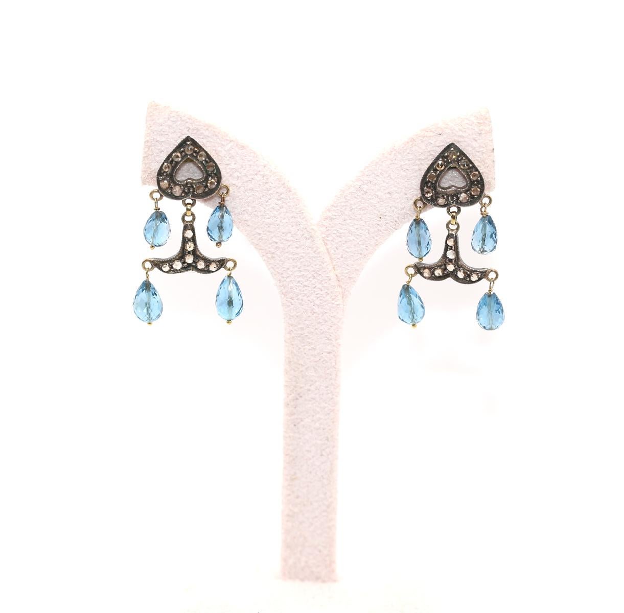Round Cut Aquamarine Gold Silver Diamonds Mini Chandelier Earrings, 1930 For Sale