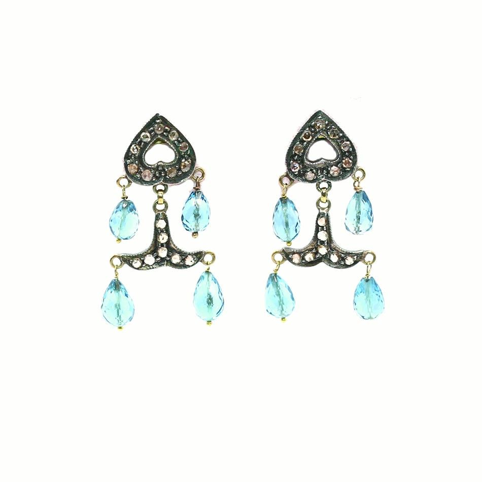 Aquamarine Gold Silver Diamonds Mini Chandelier Earrings, 1930 For Sale 2