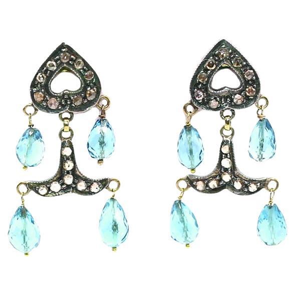 Aquamarine Gold Silver Diamonds Mini Chandelier Earrings, 1930