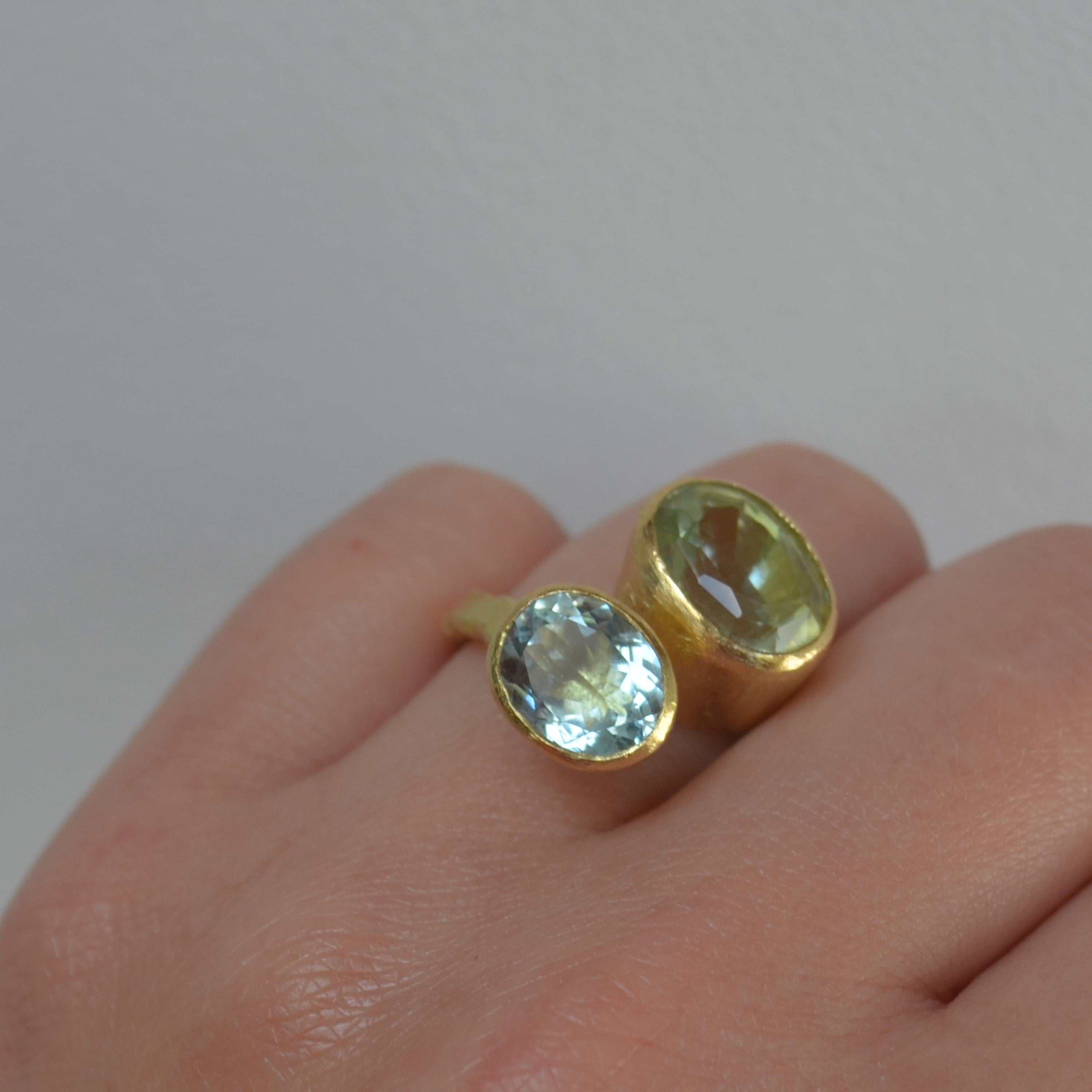 Oval Cut Aquamarine and Green Beryl 18 Karat Gold Ring Handmade by Disa Allsopp For Sale