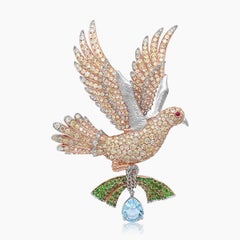Aquamarine & Green Garnet Diamond Pave Dove Bird 18K Two Tone Gold Pin Brooch