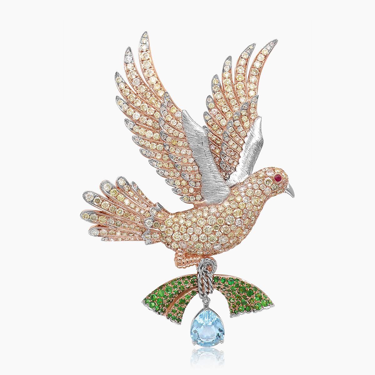 Aguamarina y granate verde Diamante Pave Pájaro paloma Broche de oro bicolor de 18 quilates Corte mixto en venta