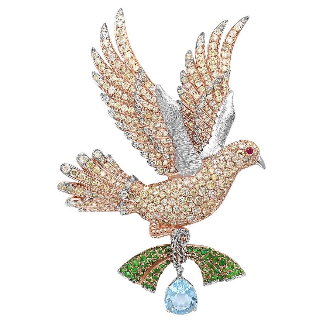 Aquamarine & Green Garnet Diamond Pave Dove Bird 18K Two Tone Gold Pin Brooch