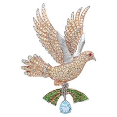 Aquamarine & Green Garnet Diamond Pave Dove Bird 18K Two Tone Gold Pin Brooch