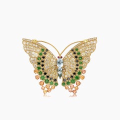 Aquamarine & Green Garnet Sapphire Diamond Pave Butterfly Yellow Gold Ring