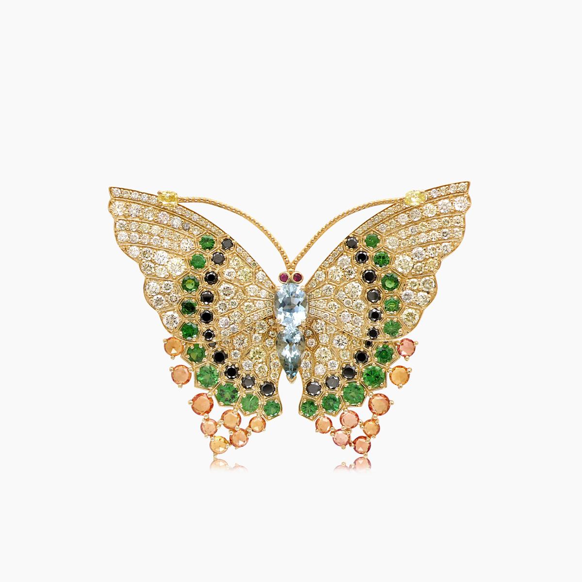 Aquamarin & Grüner Granat Saphir Diamant Pave Schmetterling Gelbgold Ring im Zustand „Neu“ im Angebot in Oakton, VA