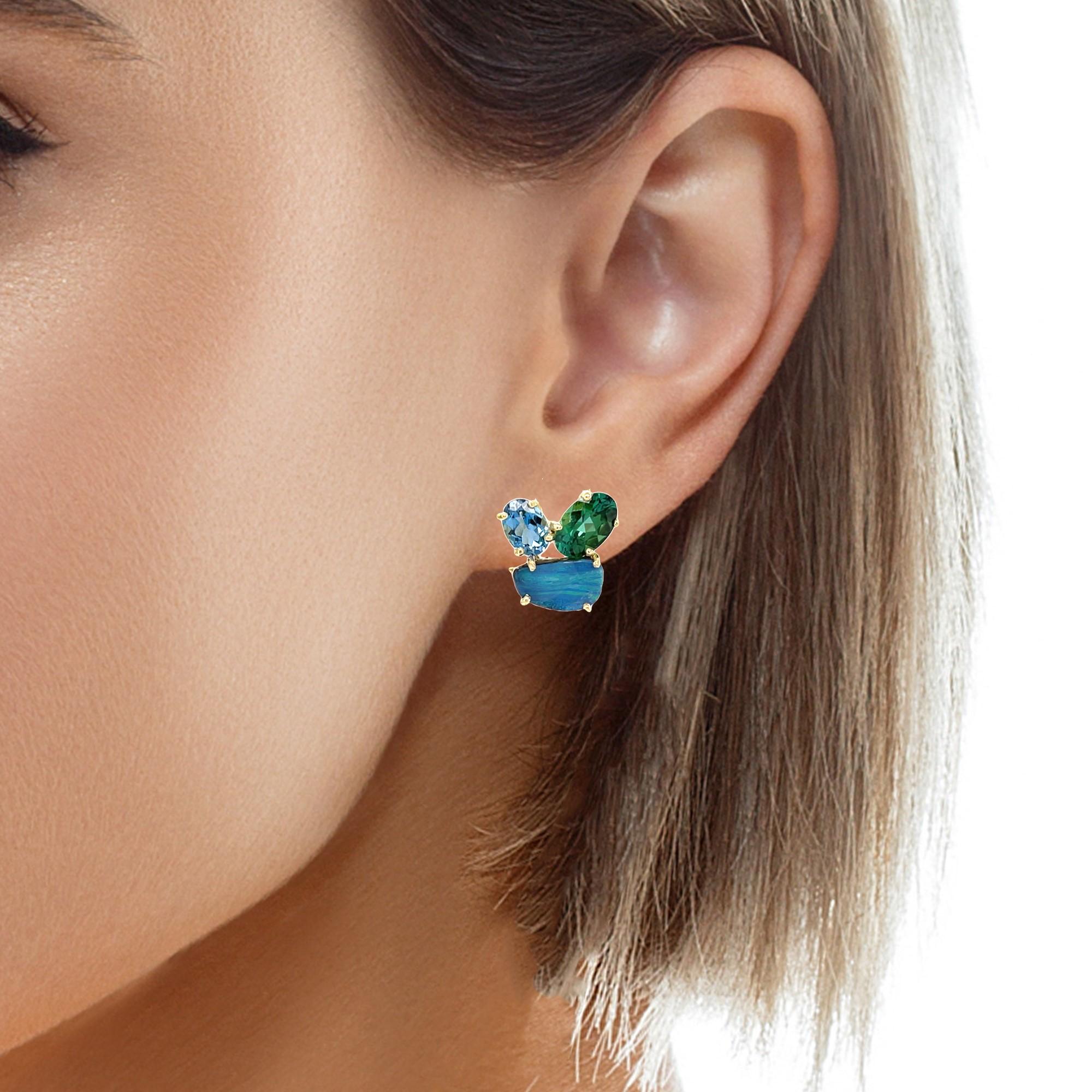 Französische Clip-Ohrringe aus 18 Karat Gold mit Aquamarin, grünem Turmalin und Boulder-Opal im Angebot 1