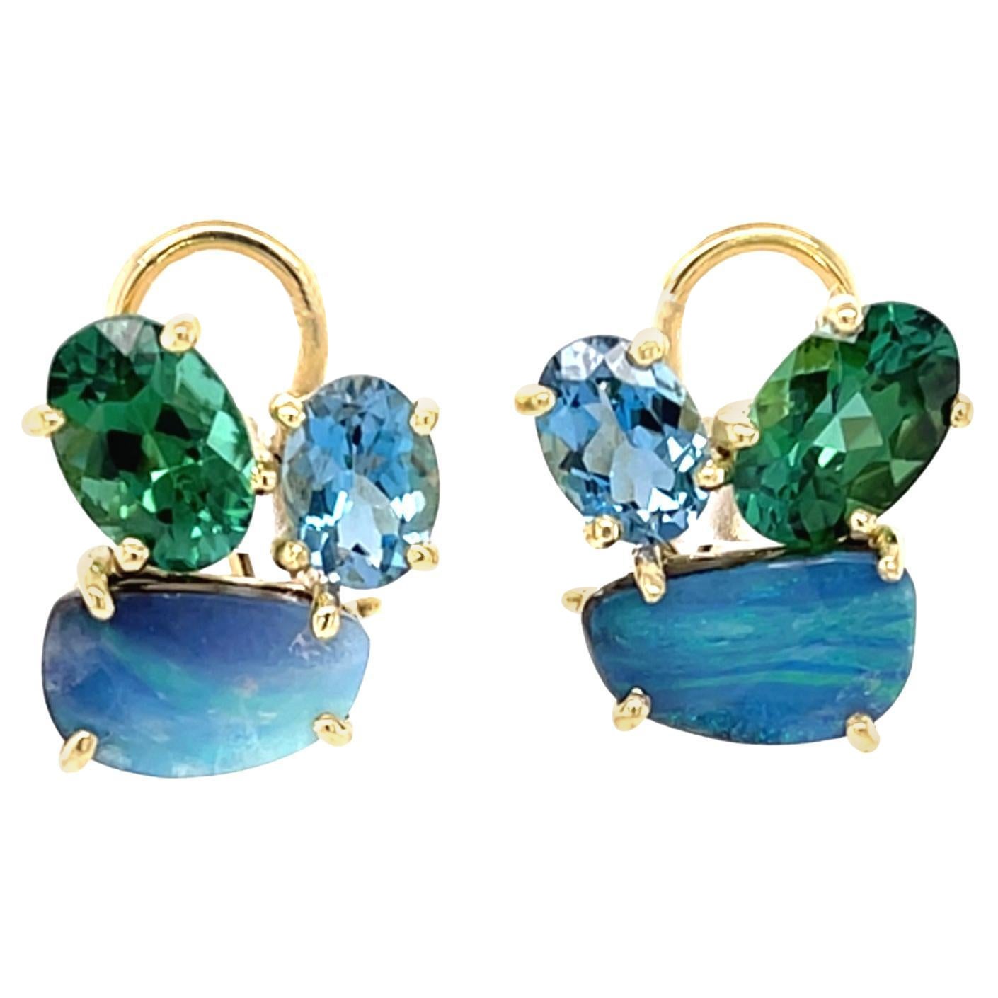 Aigue-marine, Tourmaline verte et Opale Boulder Clips en or 18k en vente