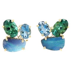 Aquamarine, Green Tourmaline and Boulder Opal French Clip Earrings in 18k Gold