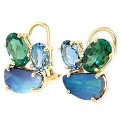 Aquamarine, Green Tourmaline and Boulder Opal French Clip Earrings in 18k Gold