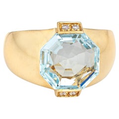 Aquamarine Gypsy Ring Vintage 14k Yellow Gold Wide Band Hexagonal Cut