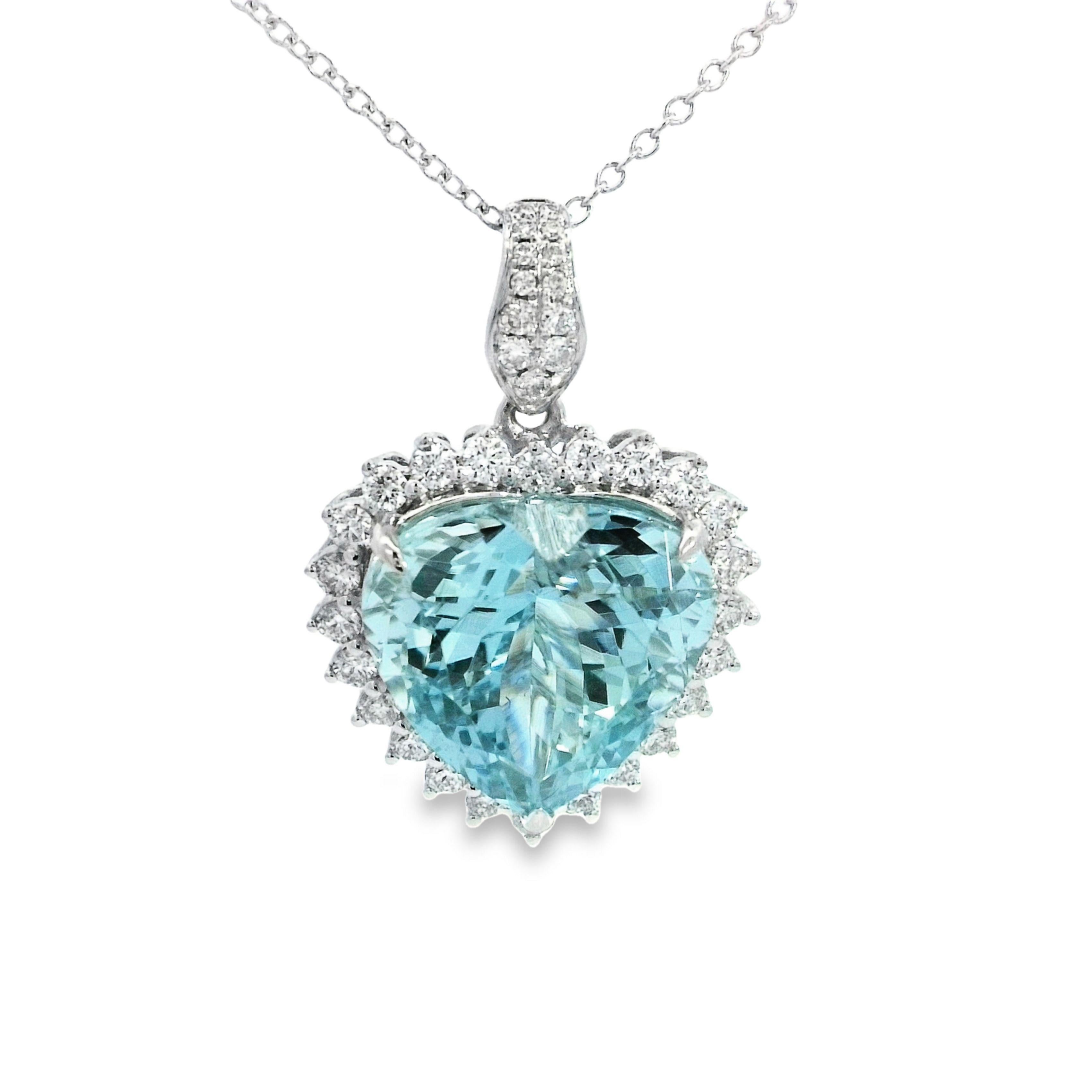 Aquamarine Heart 8.14 CT. White Diamond Round 0.70 CT.14KW Pendant In New Condition For Sale In New York, NY