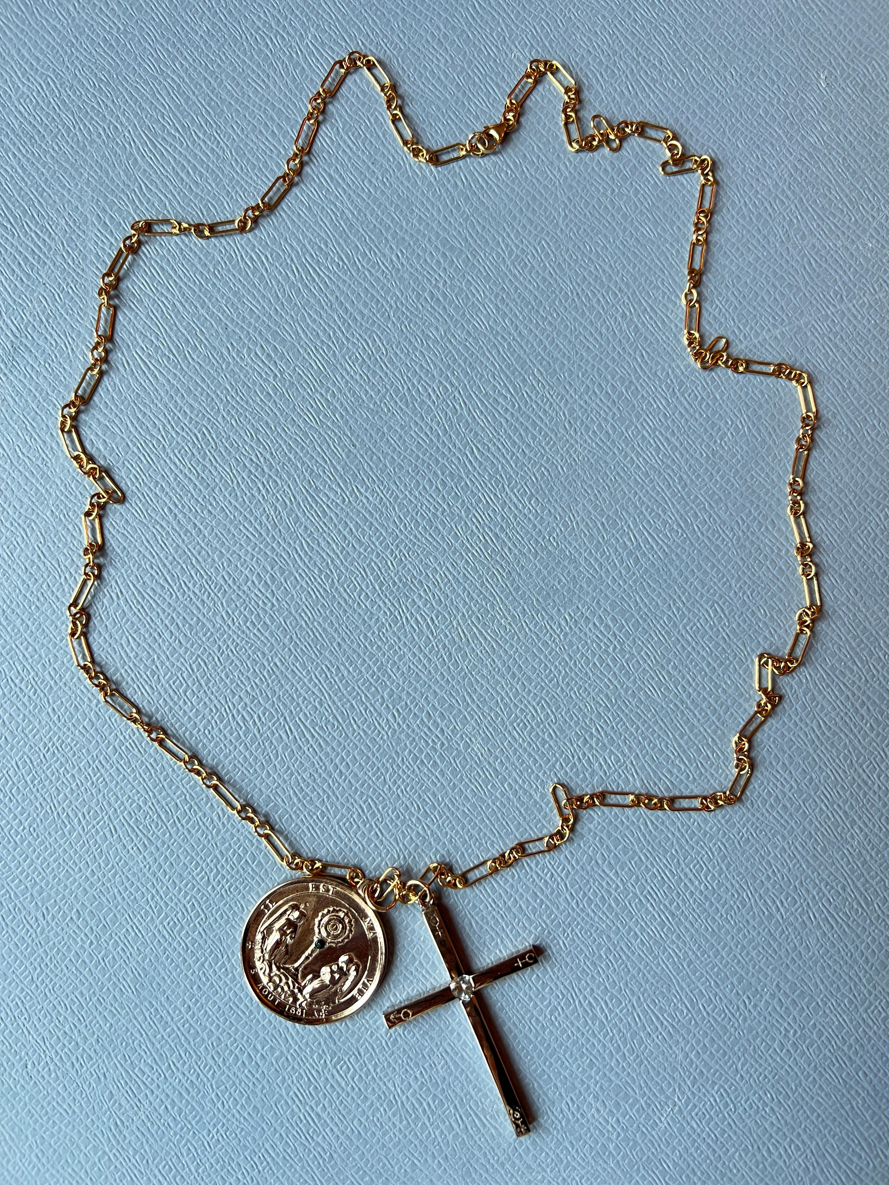 Cross Medal Chain Necklace Aquamarine Heart 5