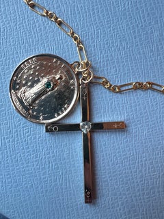 Cross Medal Chain Necklace Aquamarine Heart