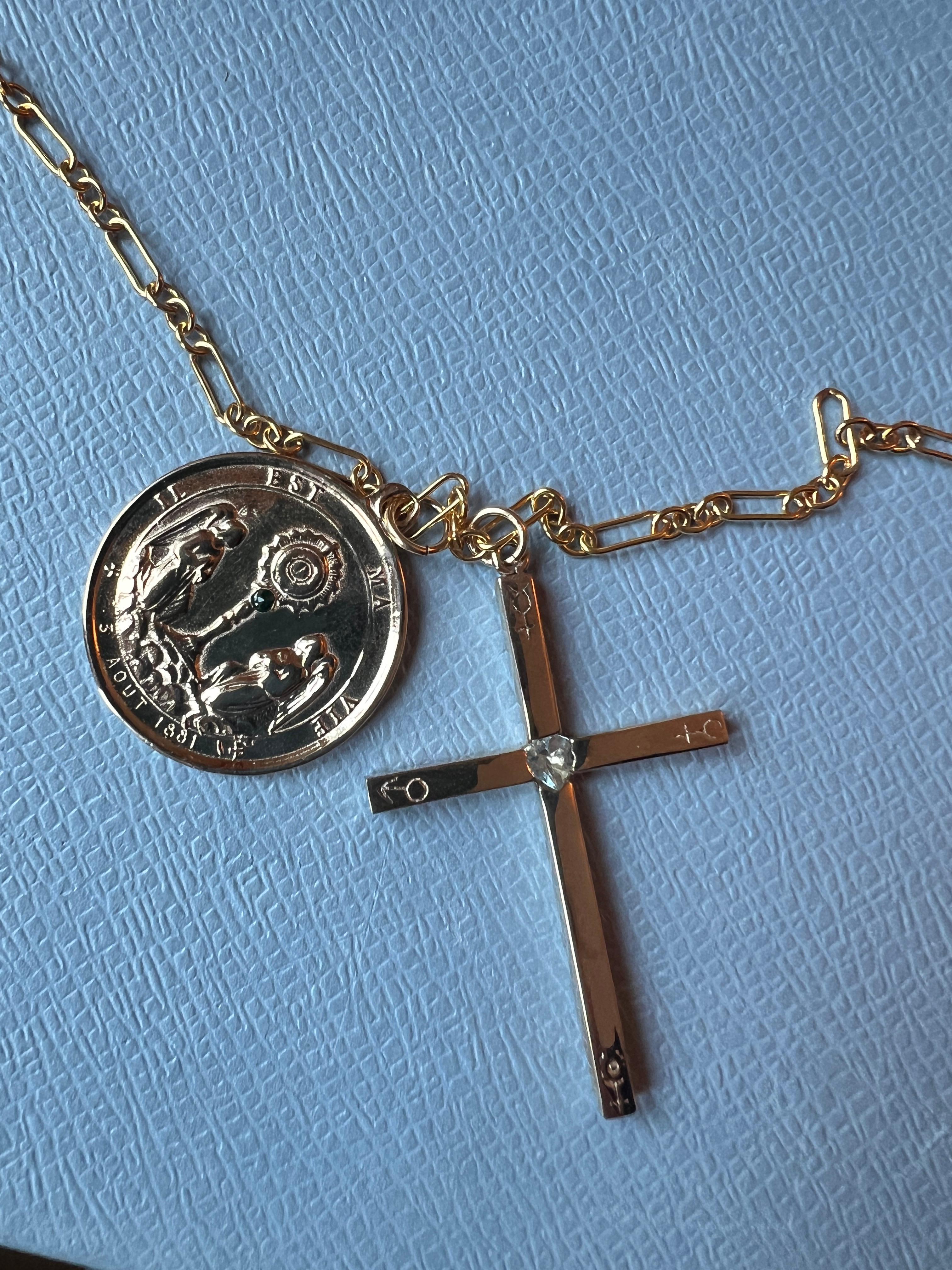 Contemporary Cross Medal Chain Necklace Aquamarine Heart