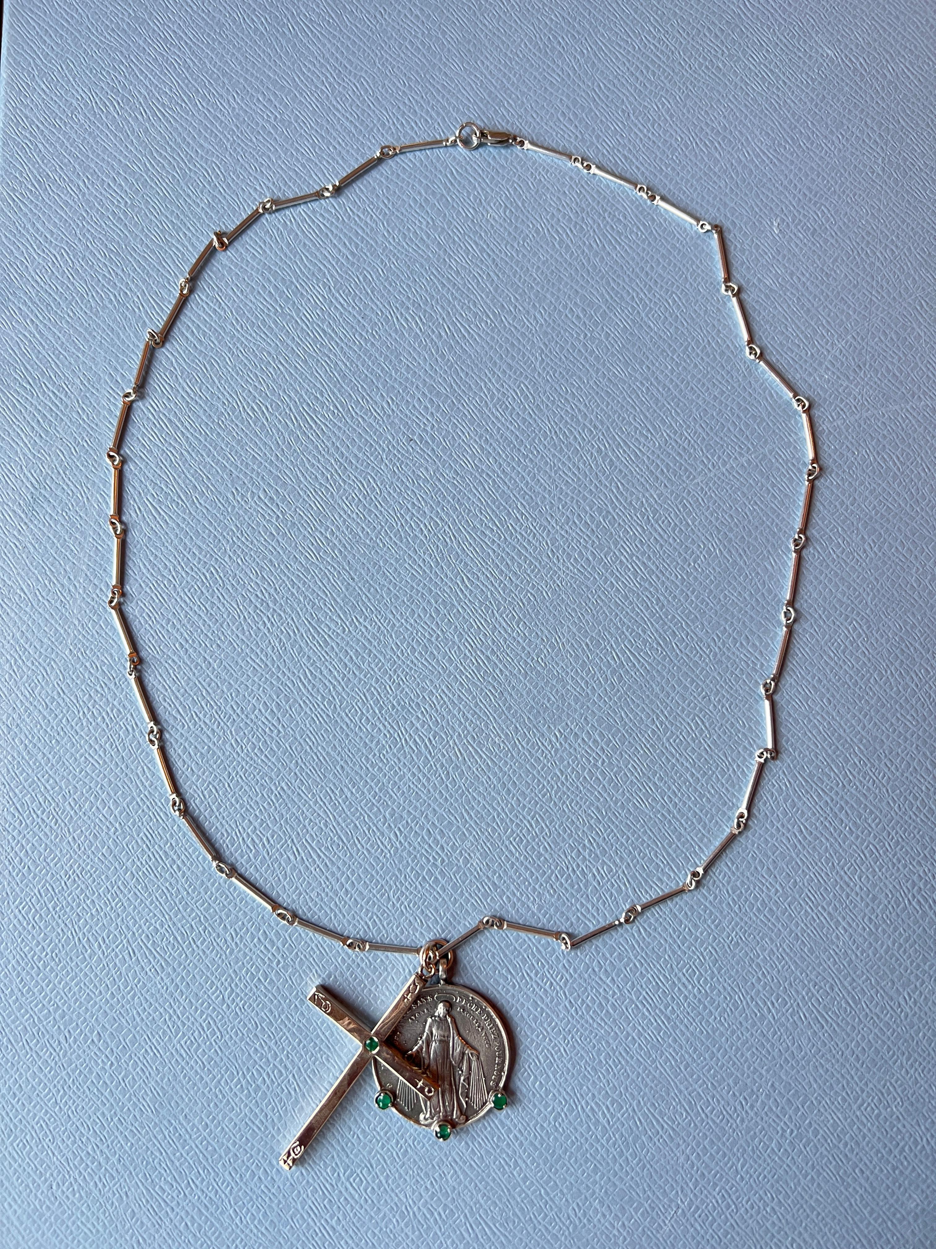 Contemporary Virgin Mary Medal Cross Necklace Emerald