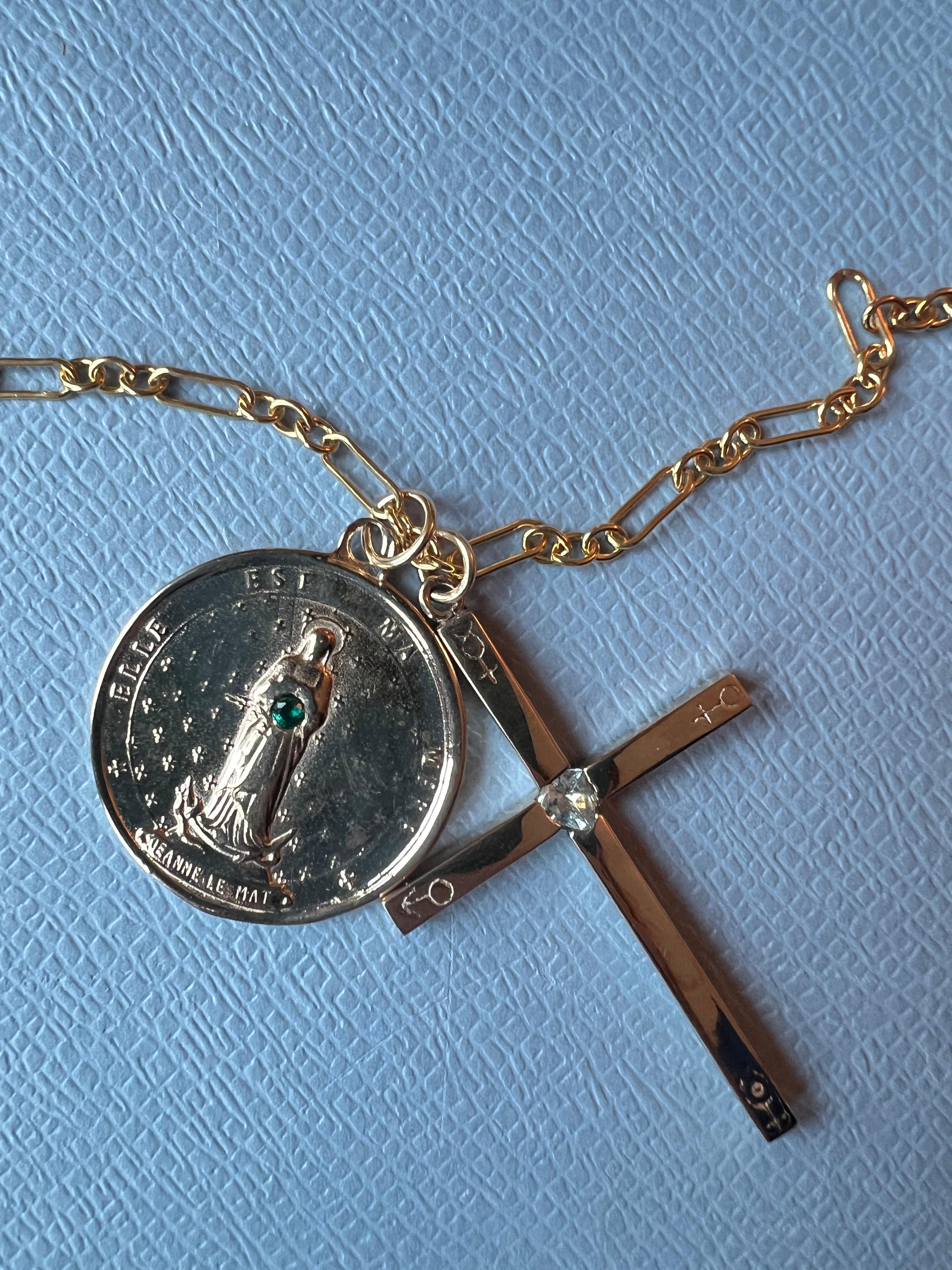 Brilliant Cut Cross Medal Chain Necklace Aquamarine Heart