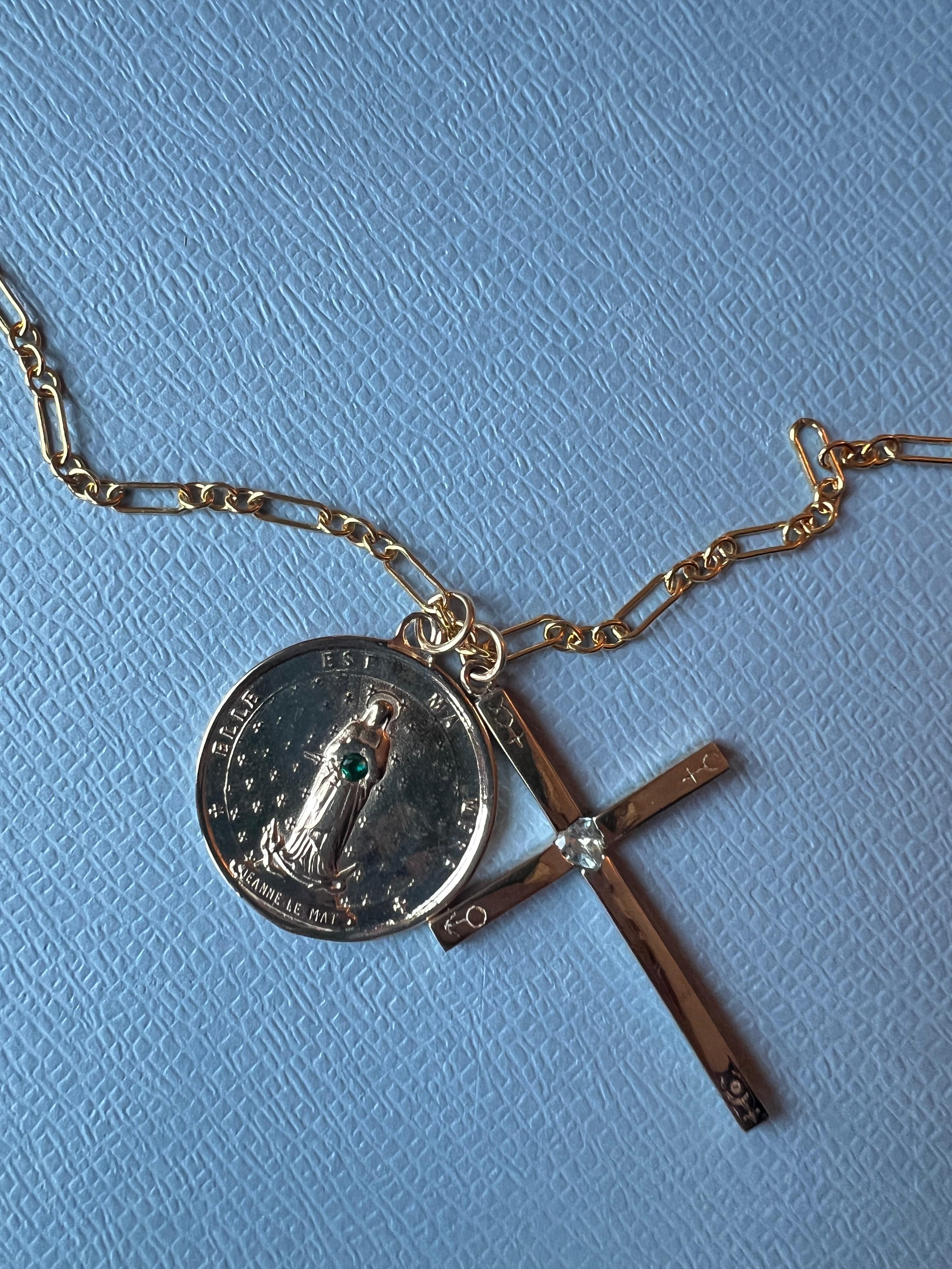Women's Cross Medal Chain Necklace Aquamarine Heart