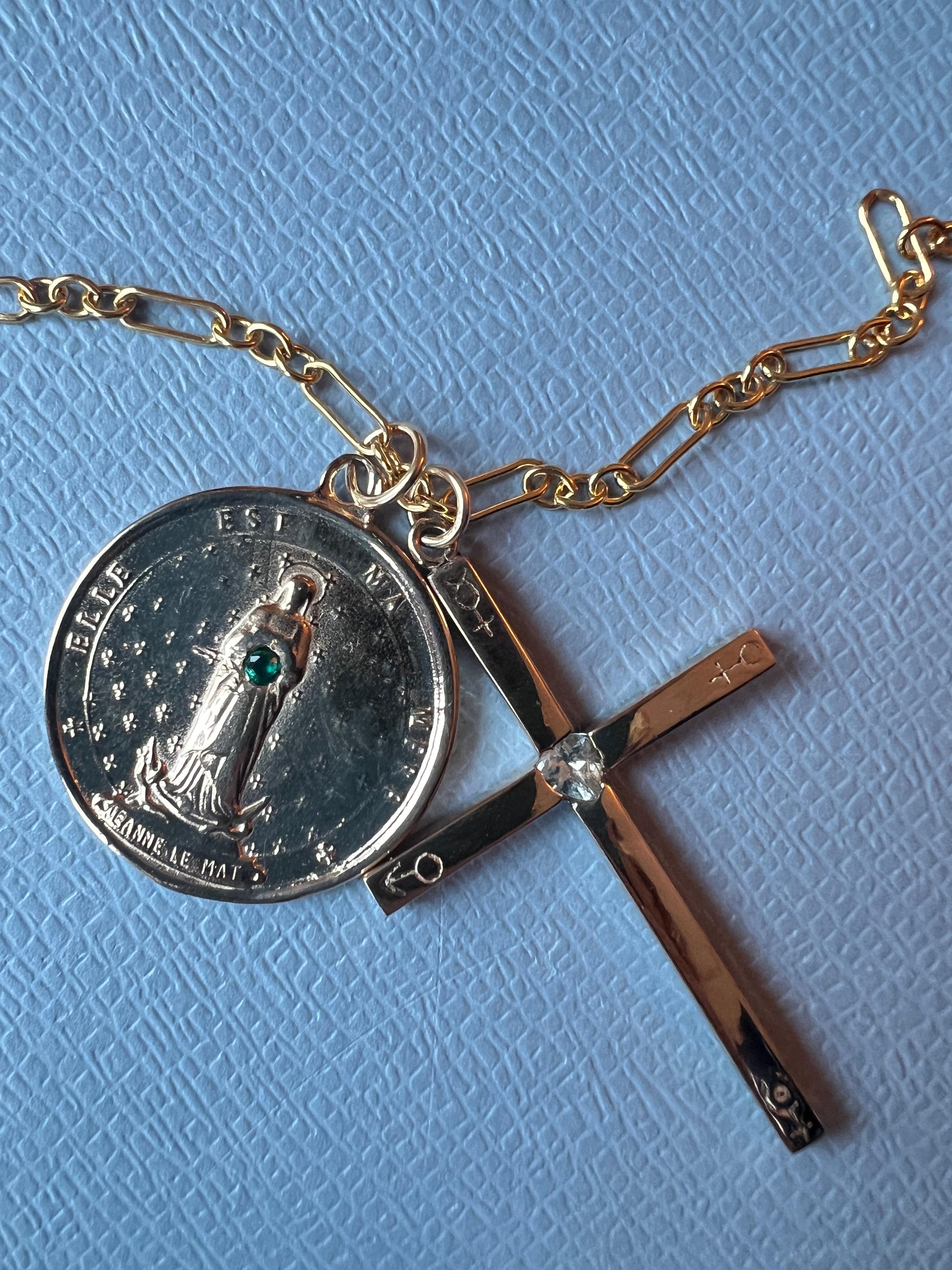 Cross Medal Chain Necklace Aquamarine Heart 1