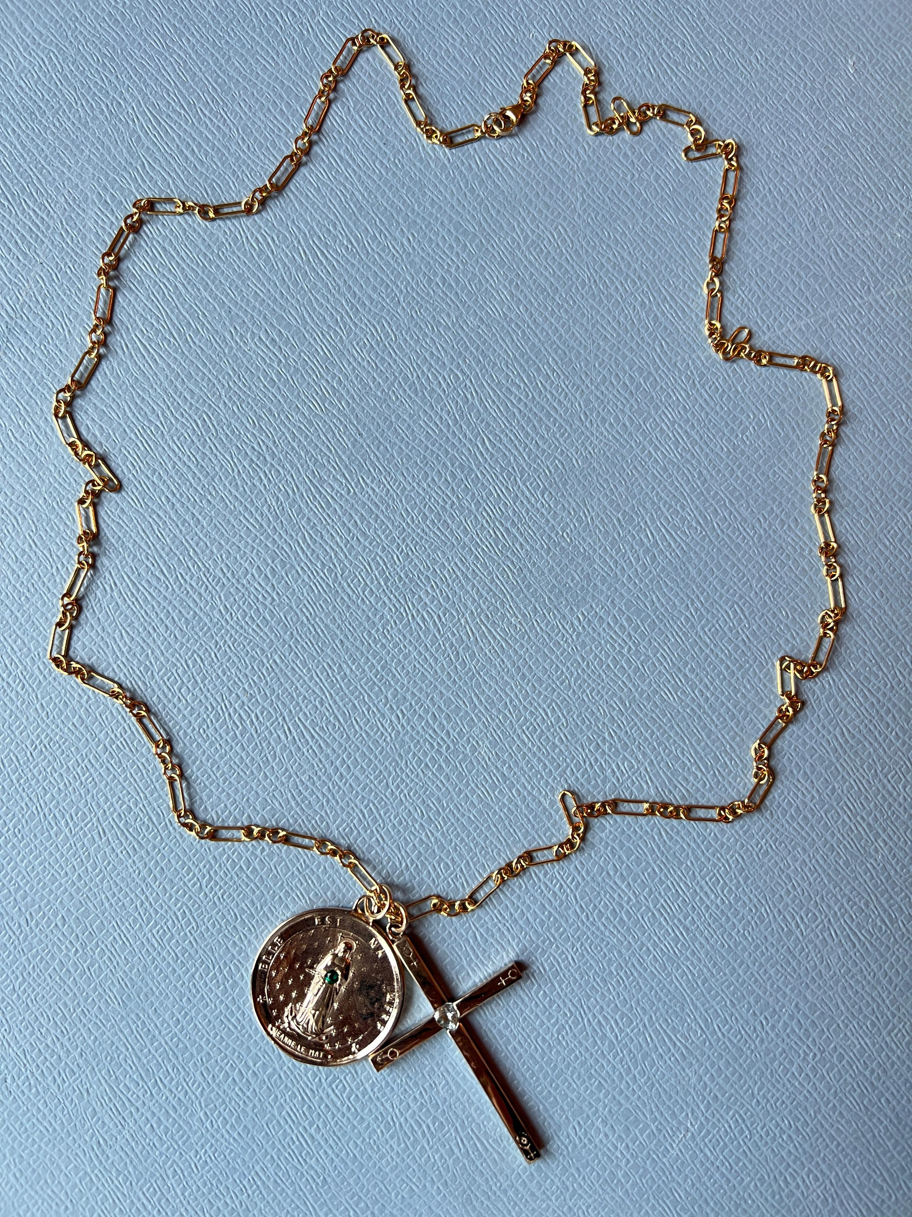 Cross Medal Chain Necklace Aquamarine Heart 2