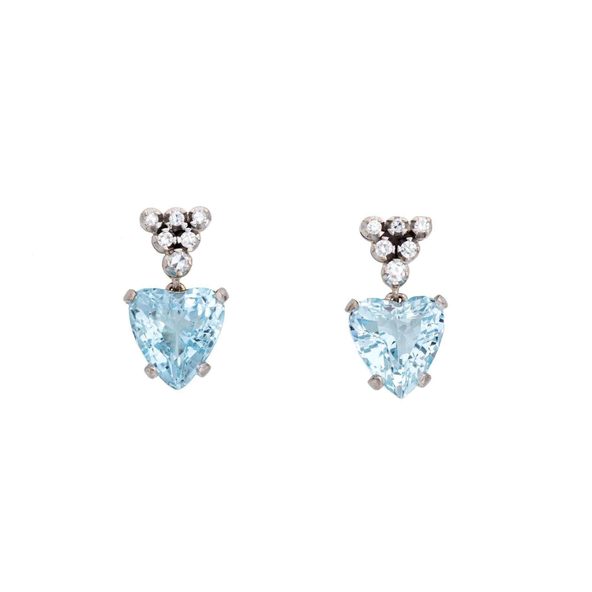 Heart Cut Aquamarine Heart Diamond Earrings Vintage 18k White Gold Drops Fine Jewelry For Sale