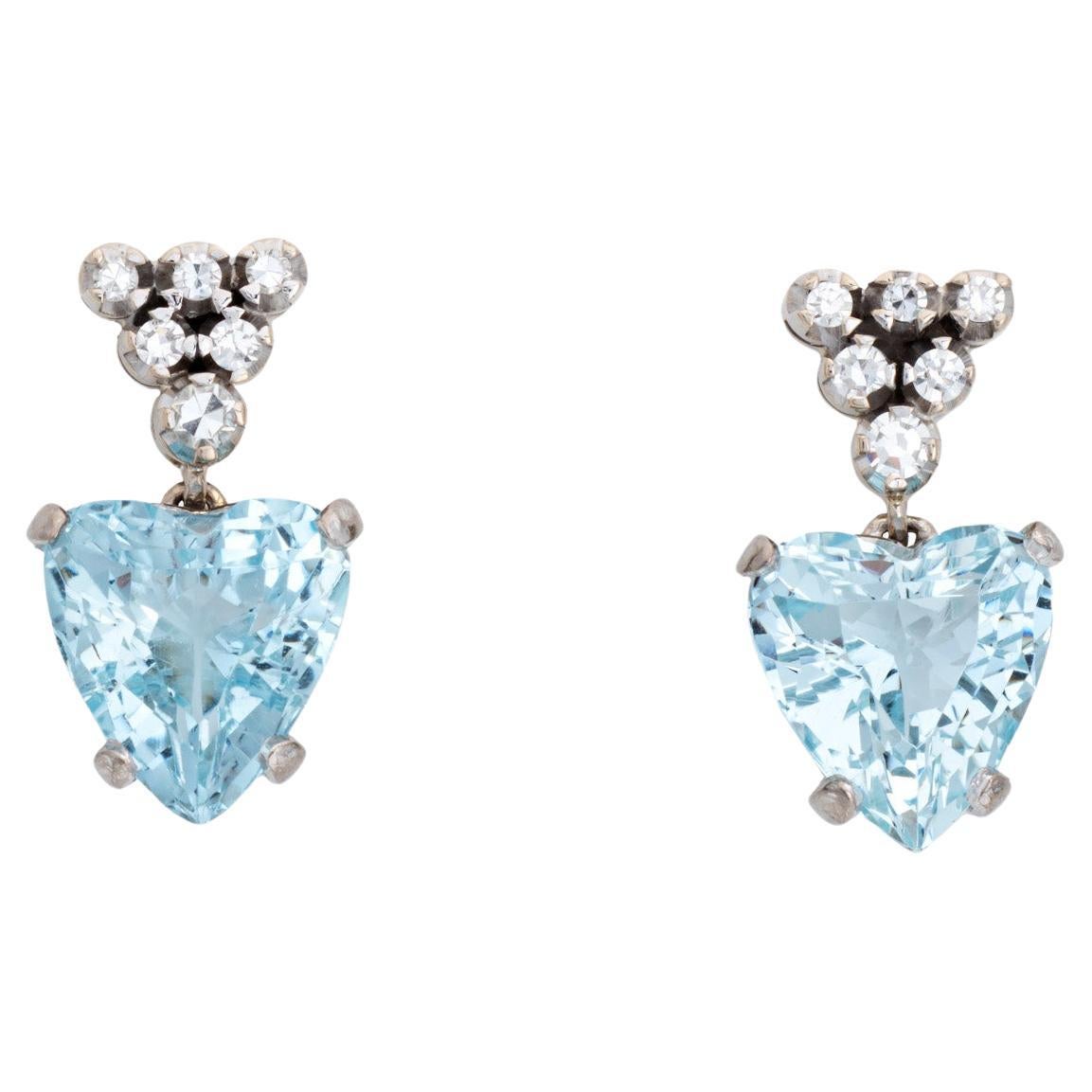 Aquamarin-Herz-Diamant-Ohrringe Vintage 18k Weißgold Tropfen-Schmuck