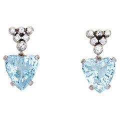 Aquamarine Heart Diamond Earrings Vintage 18k White Gold Drops Fine Jewelry