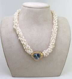 Aquamarine Heart, Diamond, Fresh Water Cultured Pearl, Yellow Gold Multi-Strand