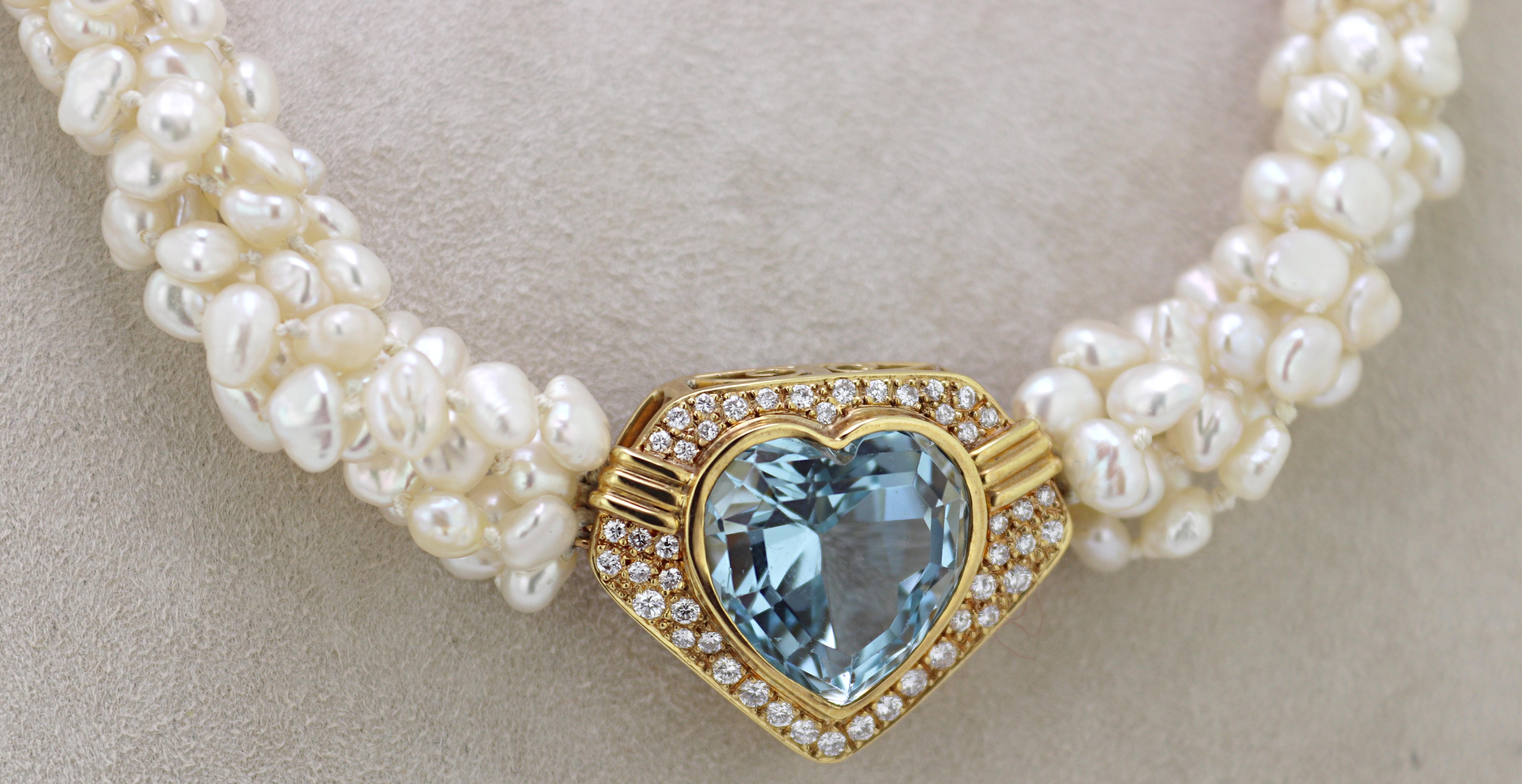 Artisan Aquamarine Heart, Diamond, Fresh Water Cultured Pearl, Yellow Gold Multi-Strand For Sale