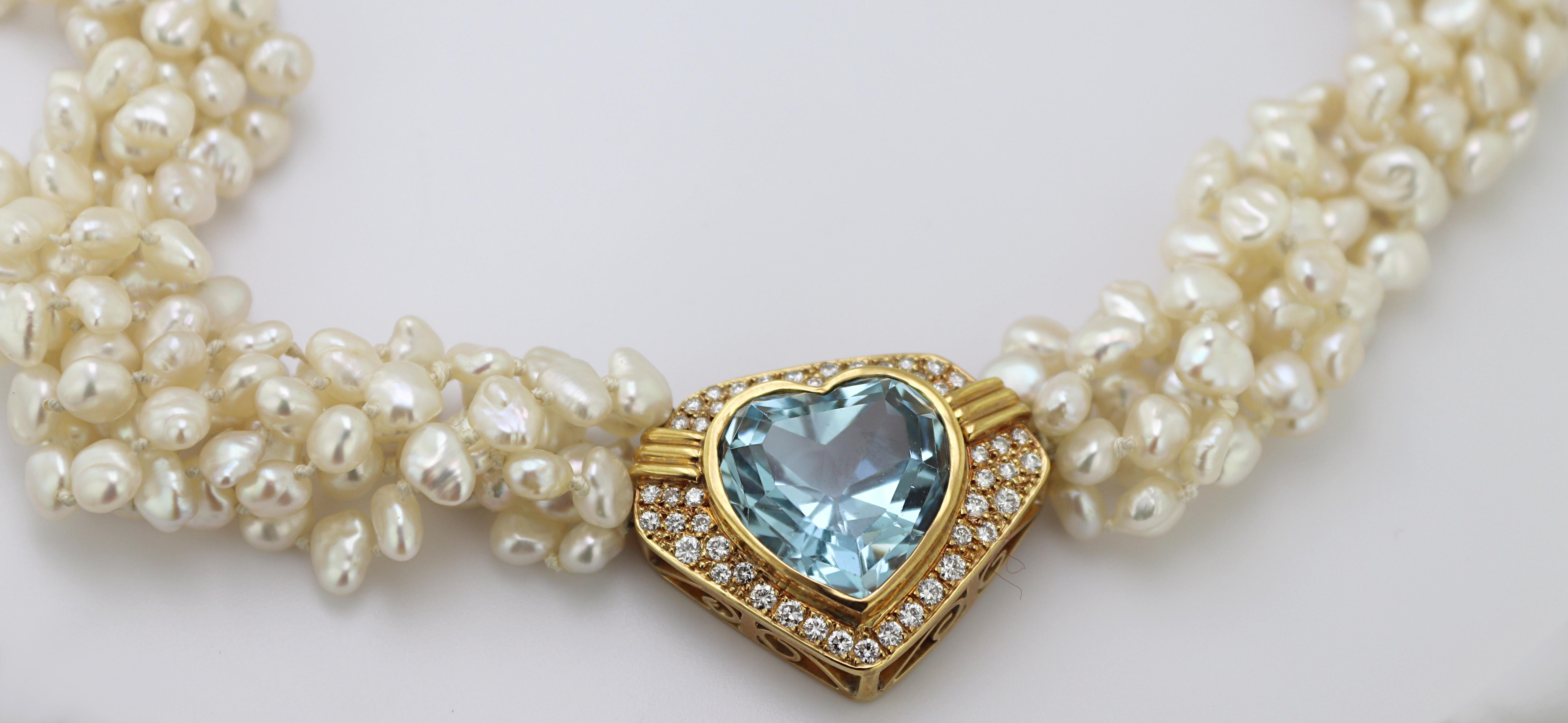 Mixed Cut Aquamarine Heart, Diamond, Fresh Water Cultured Pearl, Yellow Gold Multi-Strand For Sale