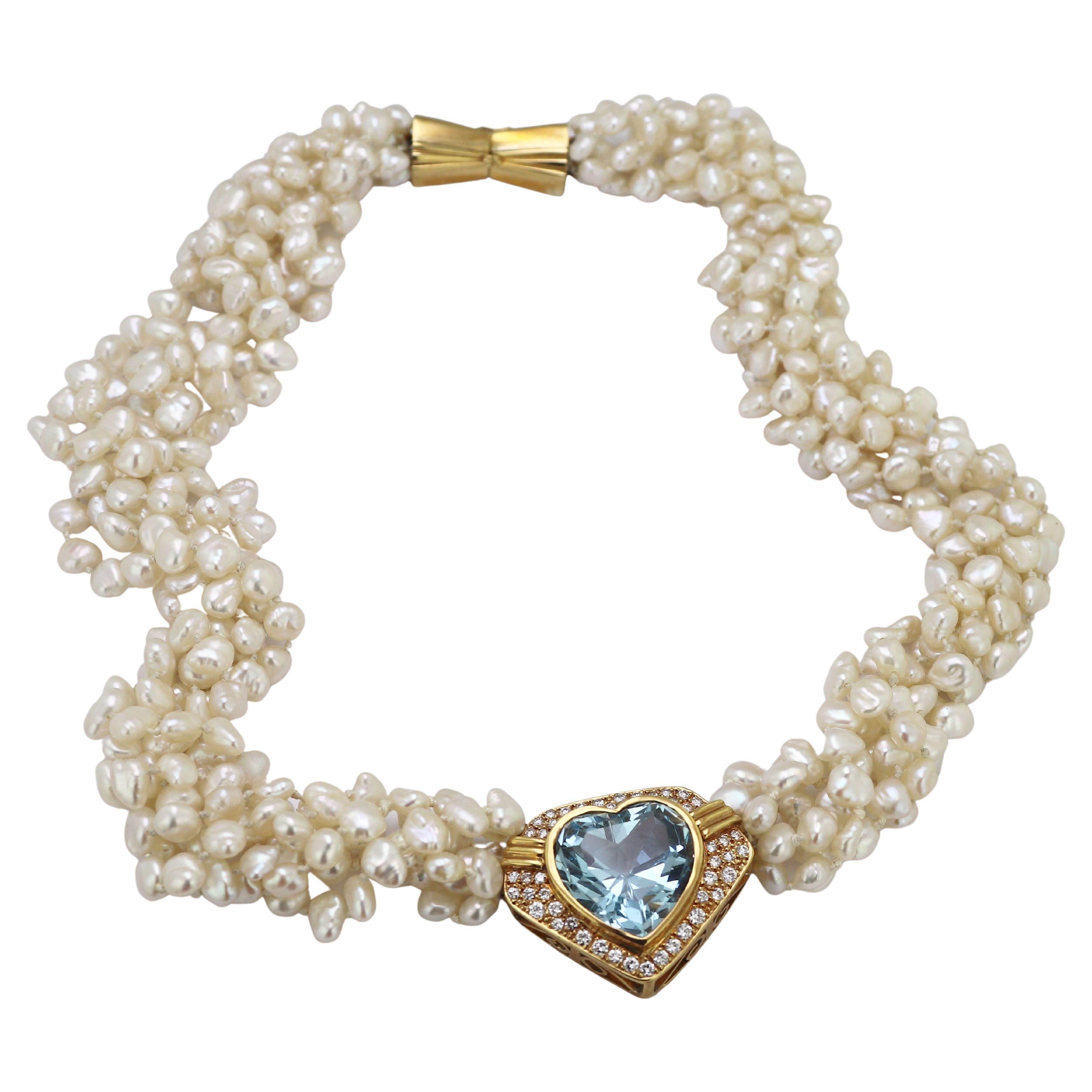 Aquamarine Heart, Diamond, Fresh Water Cultured Pearl, Yellow Gold Multi-Strand For Sale