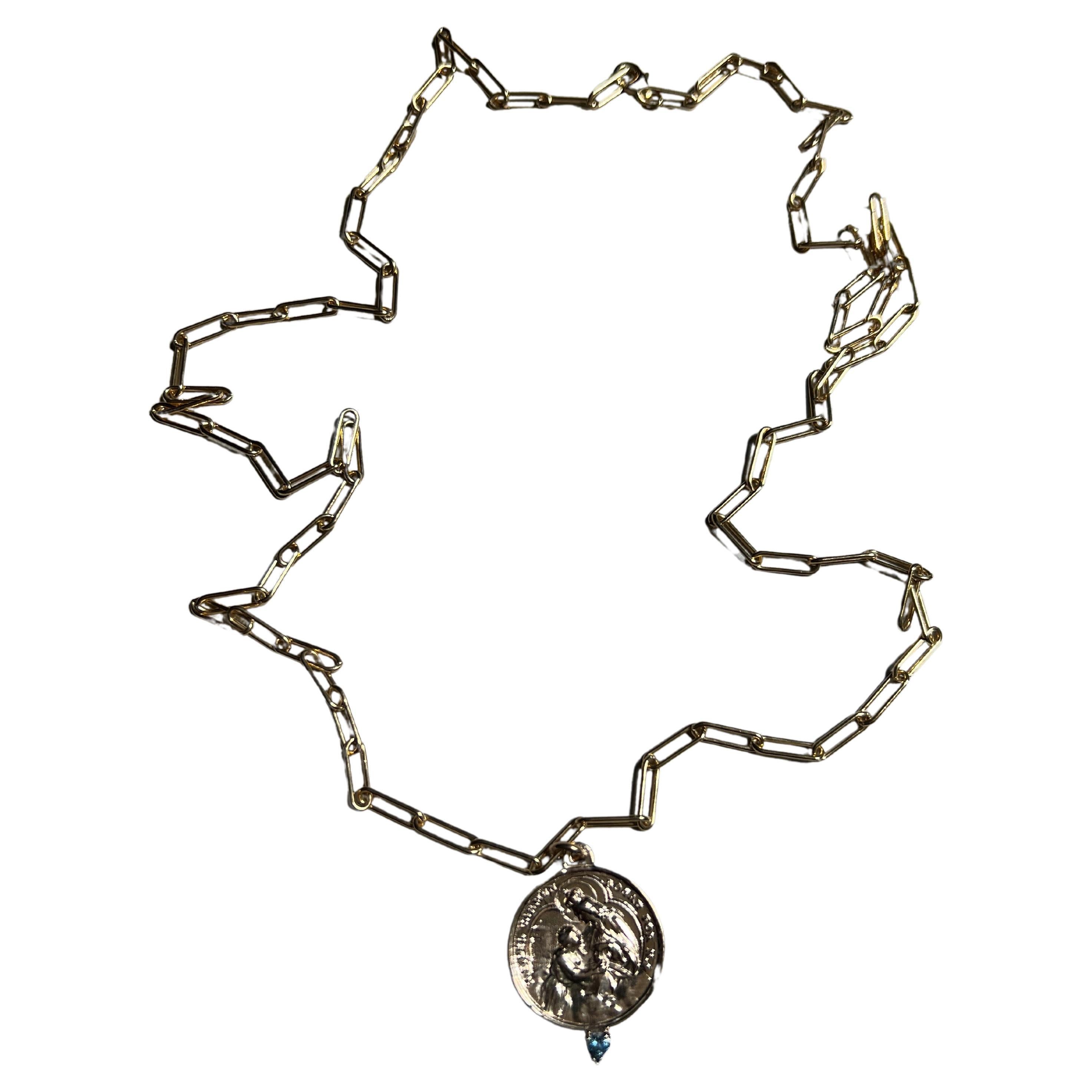 Aquamarin-Herz-Medaille-Halskette Virgin del Carmen, Gold, gefüllt J Dauphin (Viktorianisch) im Angebot