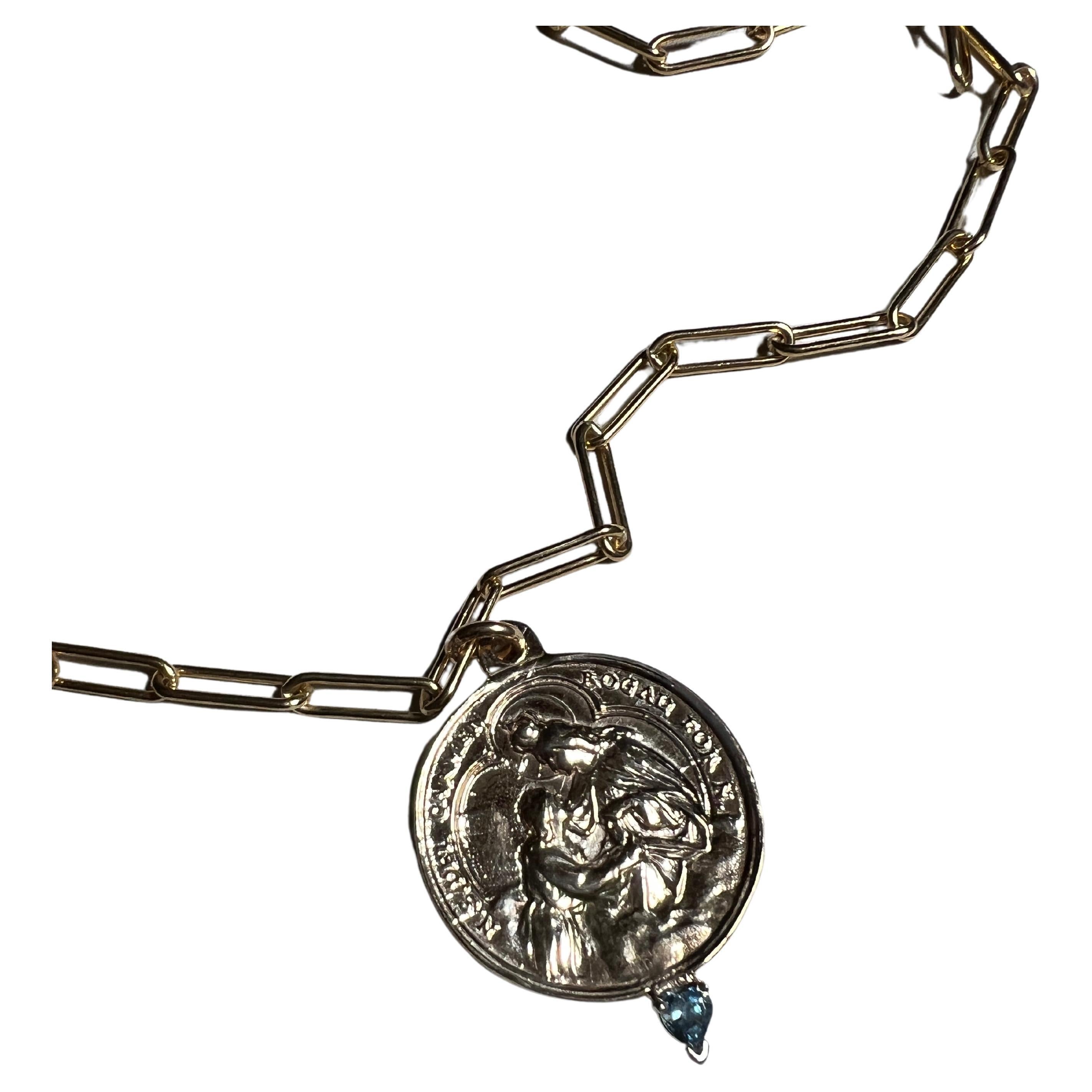 Victorian Aquamarine Heart Medal Chain Necklace Virgin del Carmen Gold Filled J Dauphin For Sale