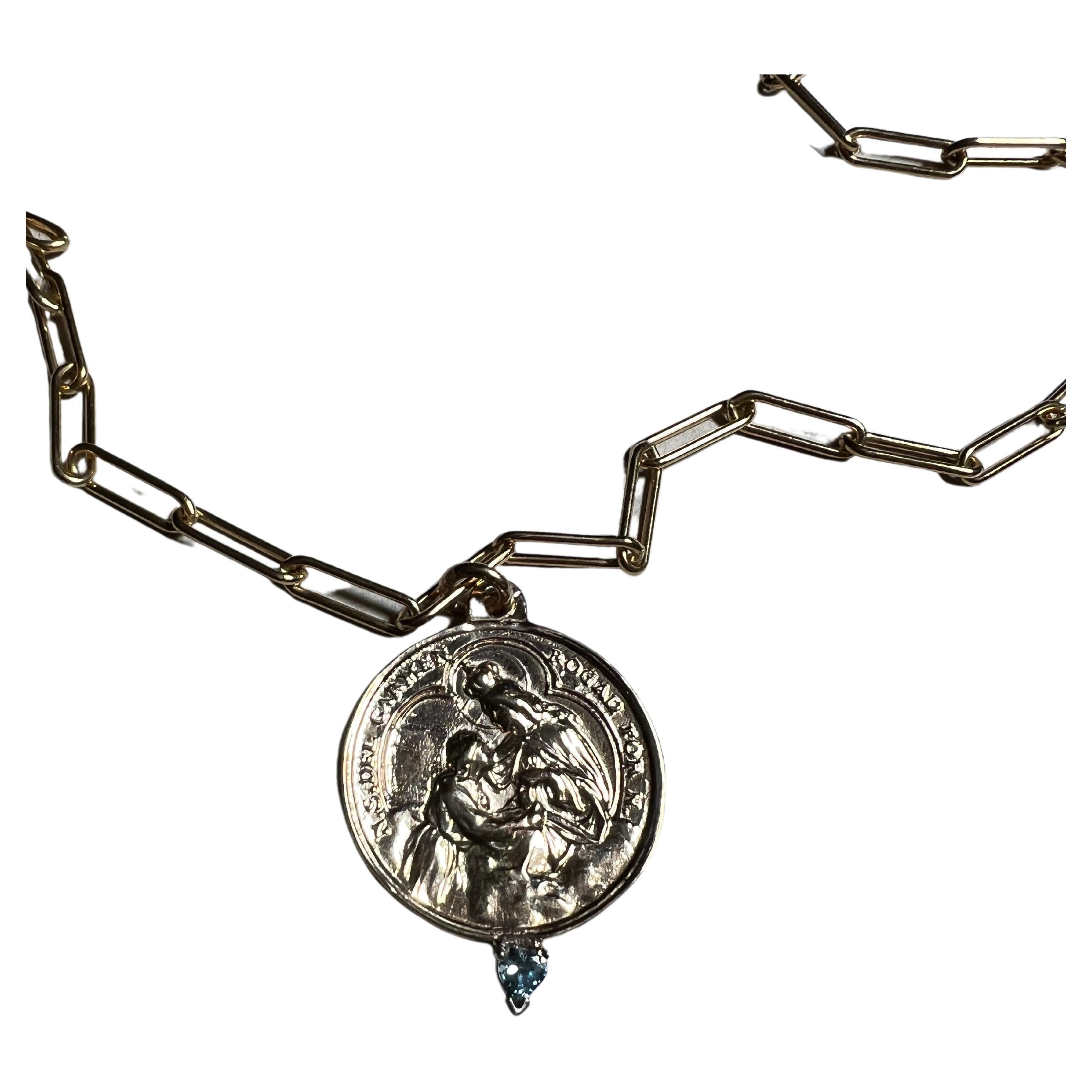 Heart Cut Aquamarine Heart Medal Chain Necklace Virgin del Carmen Gold Filled J Dauphin For Sale