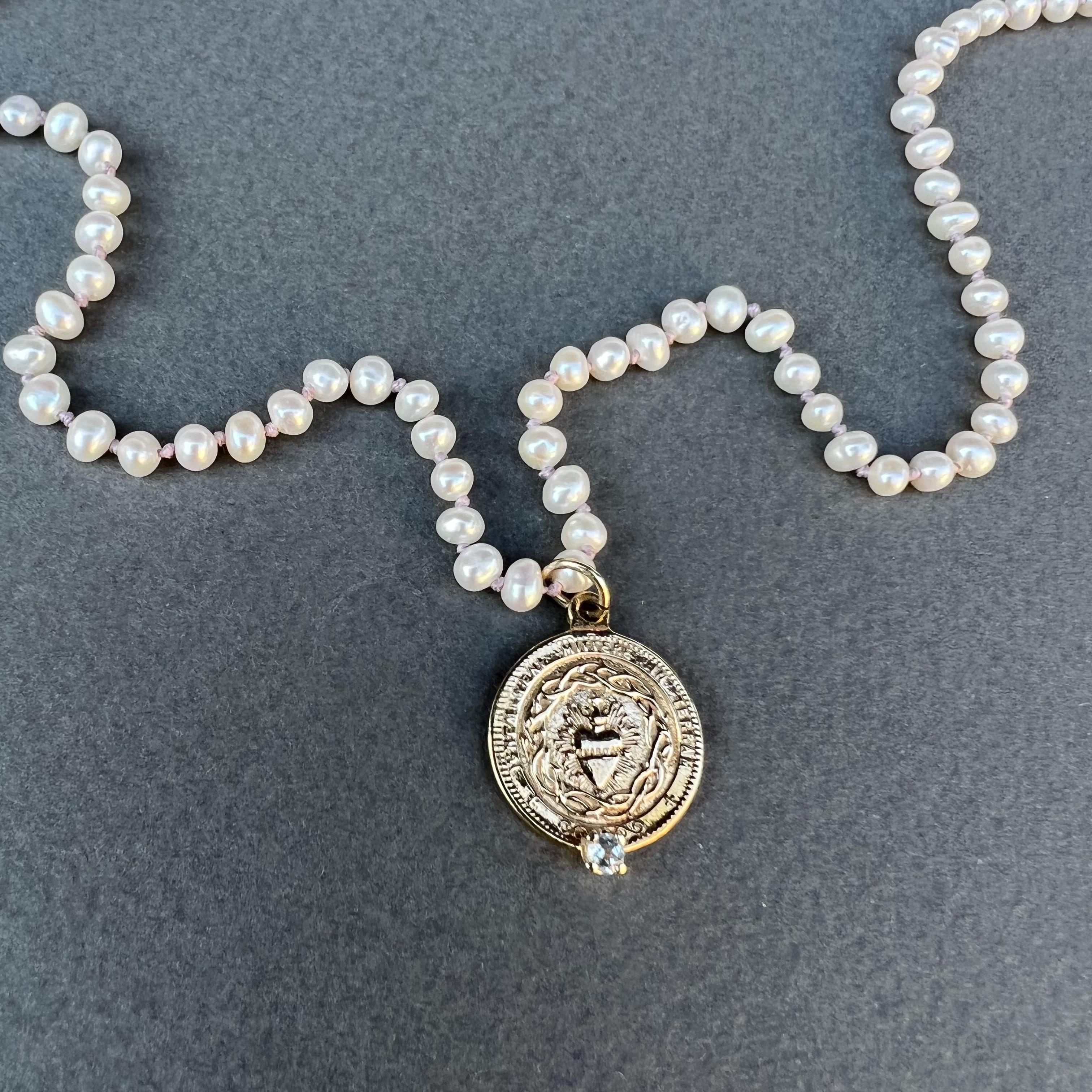 Aquamarine Heart Medal White Pearl Choker Necklace J Dauphin For Sale 1