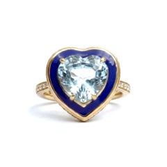 Aquamarine Heart Ring in 18k Gold with Pavé Diamonds and Enamel