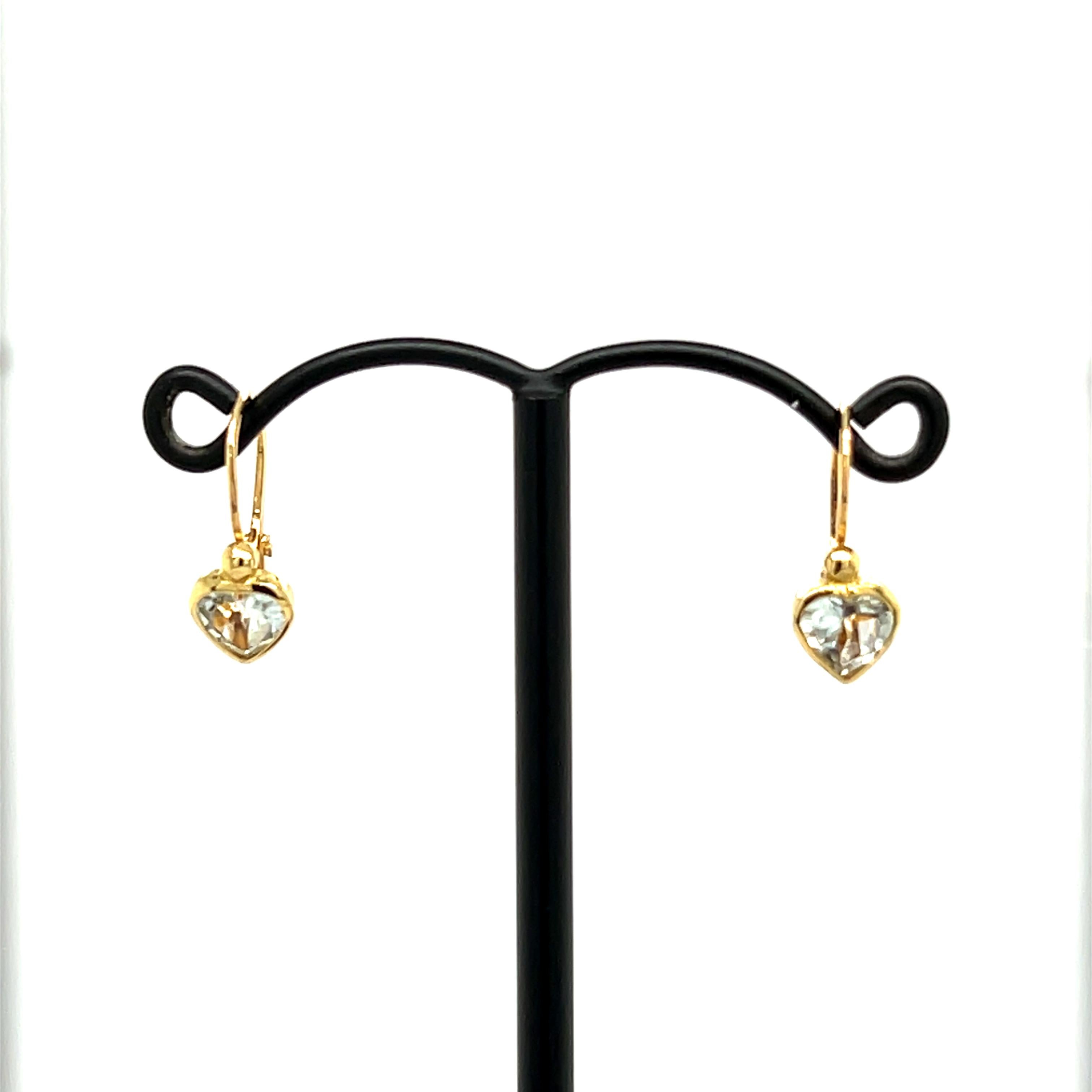 Heart Cut Aquamarine Heart Shape Yellow Gold 18 Carats Earring For Sale