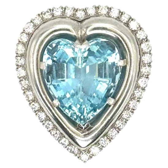 Platinum and 14 White Gold Aquamarine Heart Shaped Brooch/Pendant
