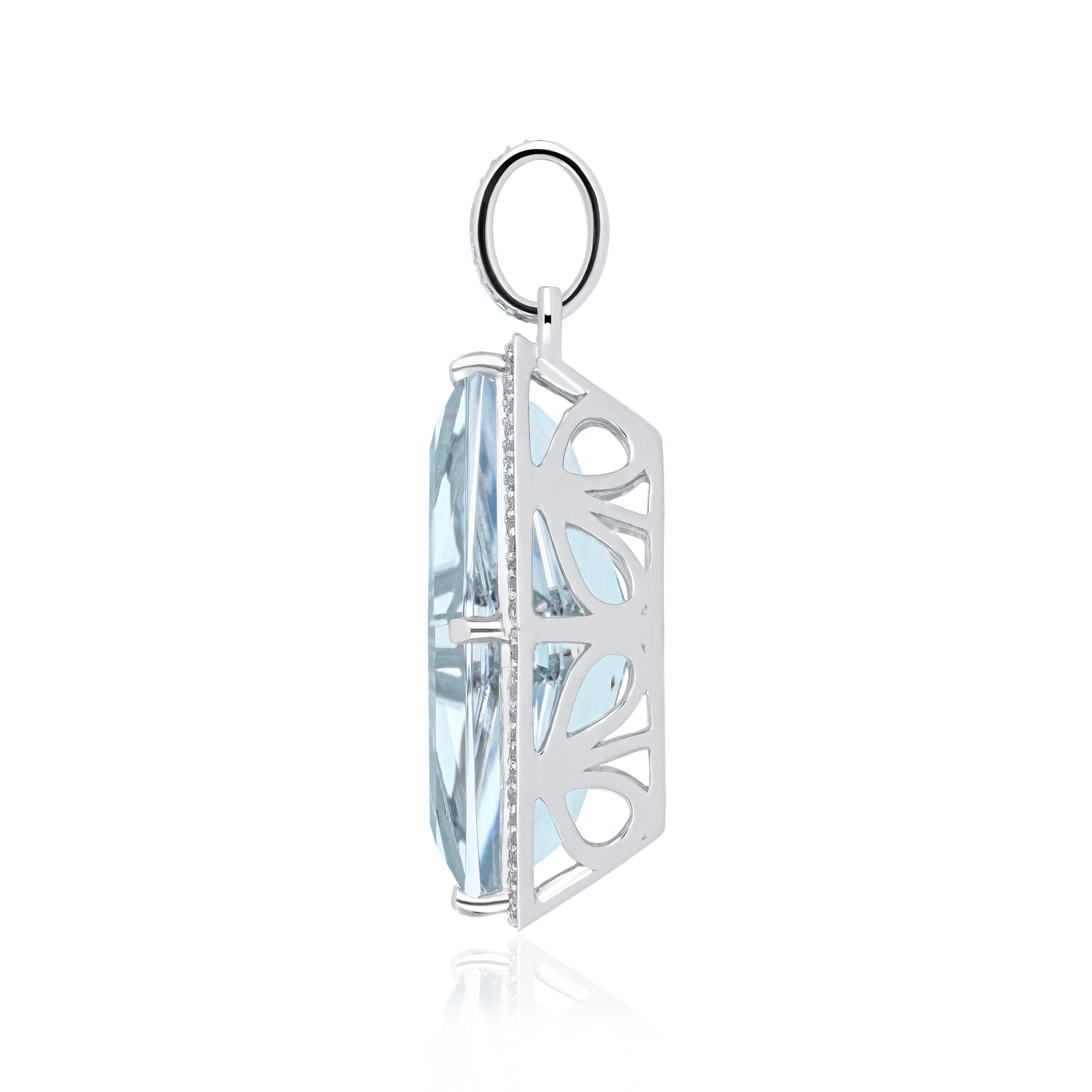 Elegant and exquisitely detailed 14 Karat White Gold Pendant, center set with Aquamarine Hexagon Shape with (approx.) 11.70Cts. Diamond Brilliant Round Shape with (approx.)0.21Cts Beautifully Hand crafted in 14 Karat White Gold.

Stone
