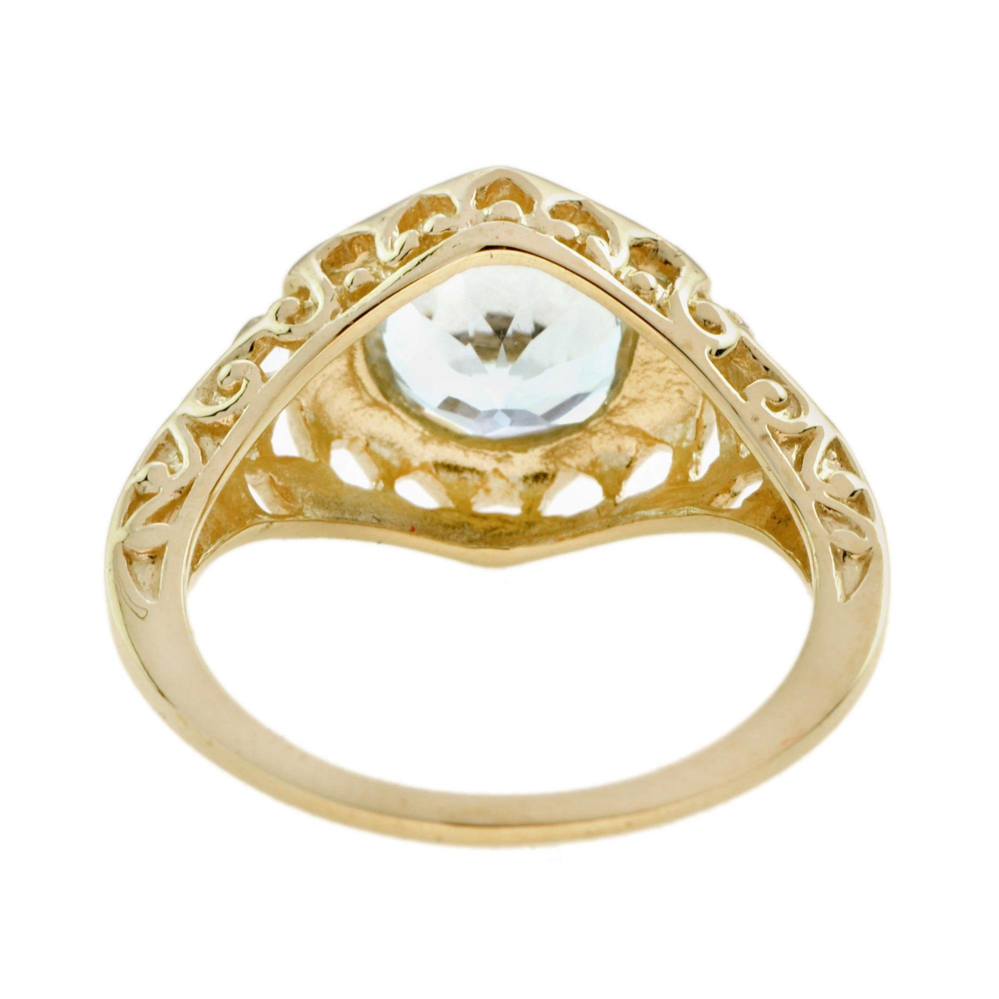 Art Deco Aquamarine Hexagon Shaped Filigree Ring in 18k Yellow Gold