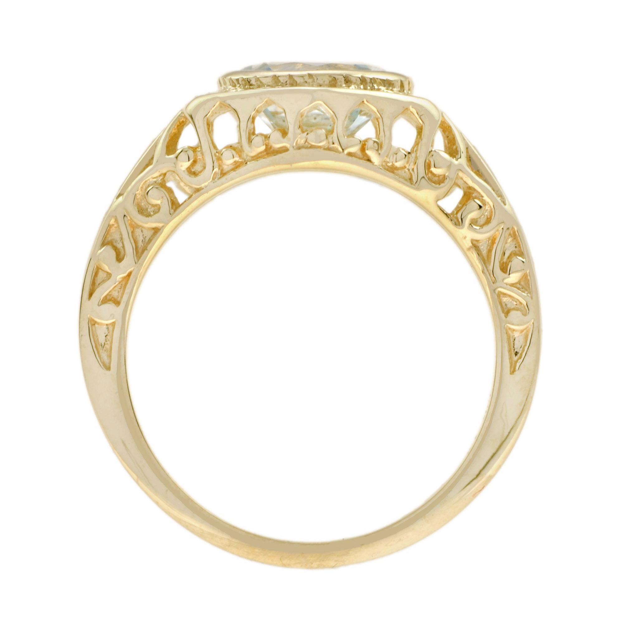 Round Cut Aquamarine Hexagon Shaped Filigree Ring in 18k Yellow Gold