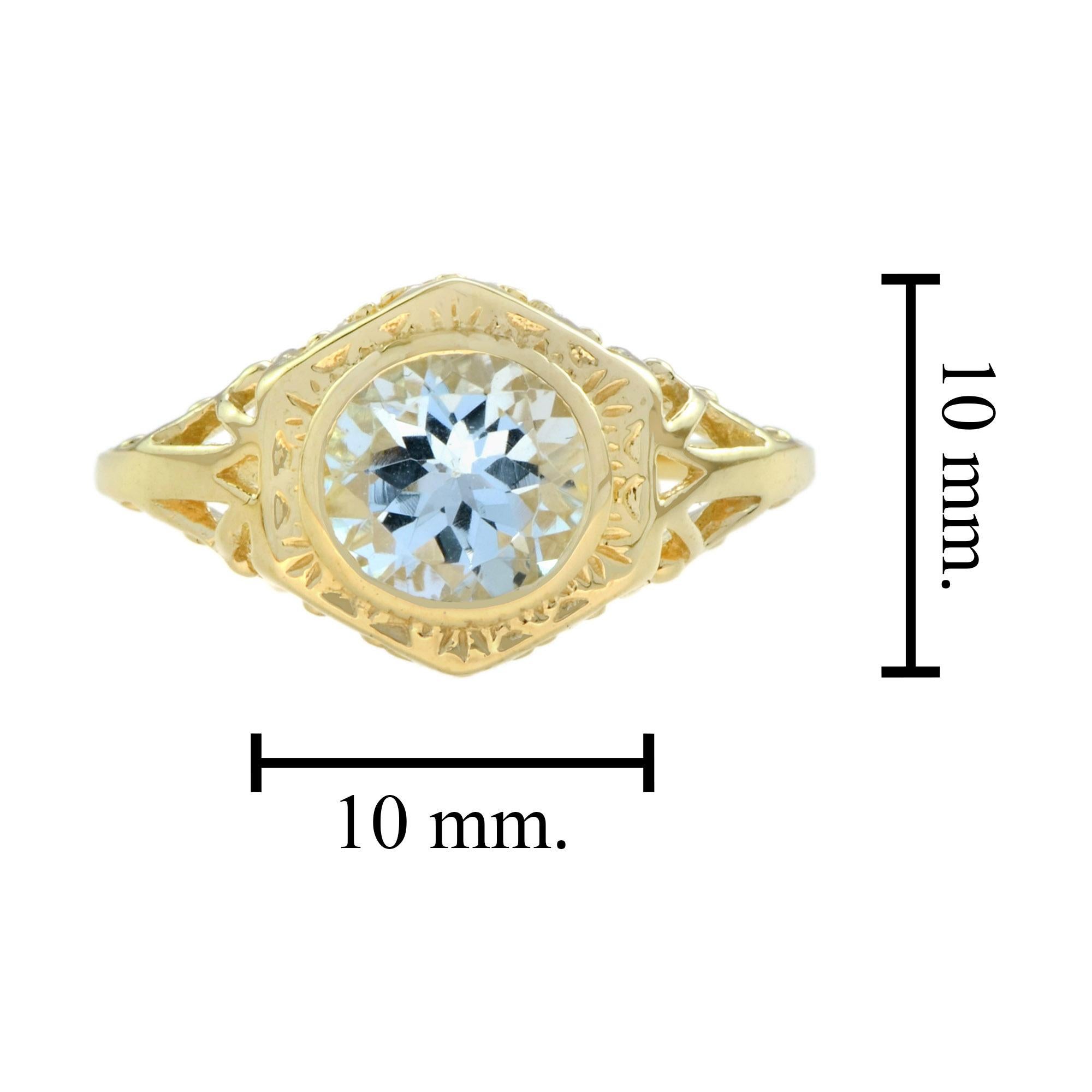 Aquamarine Hexagon Shaped Filigree Ring in 18k Yellow Gold In New Condition In Bangkok, TH