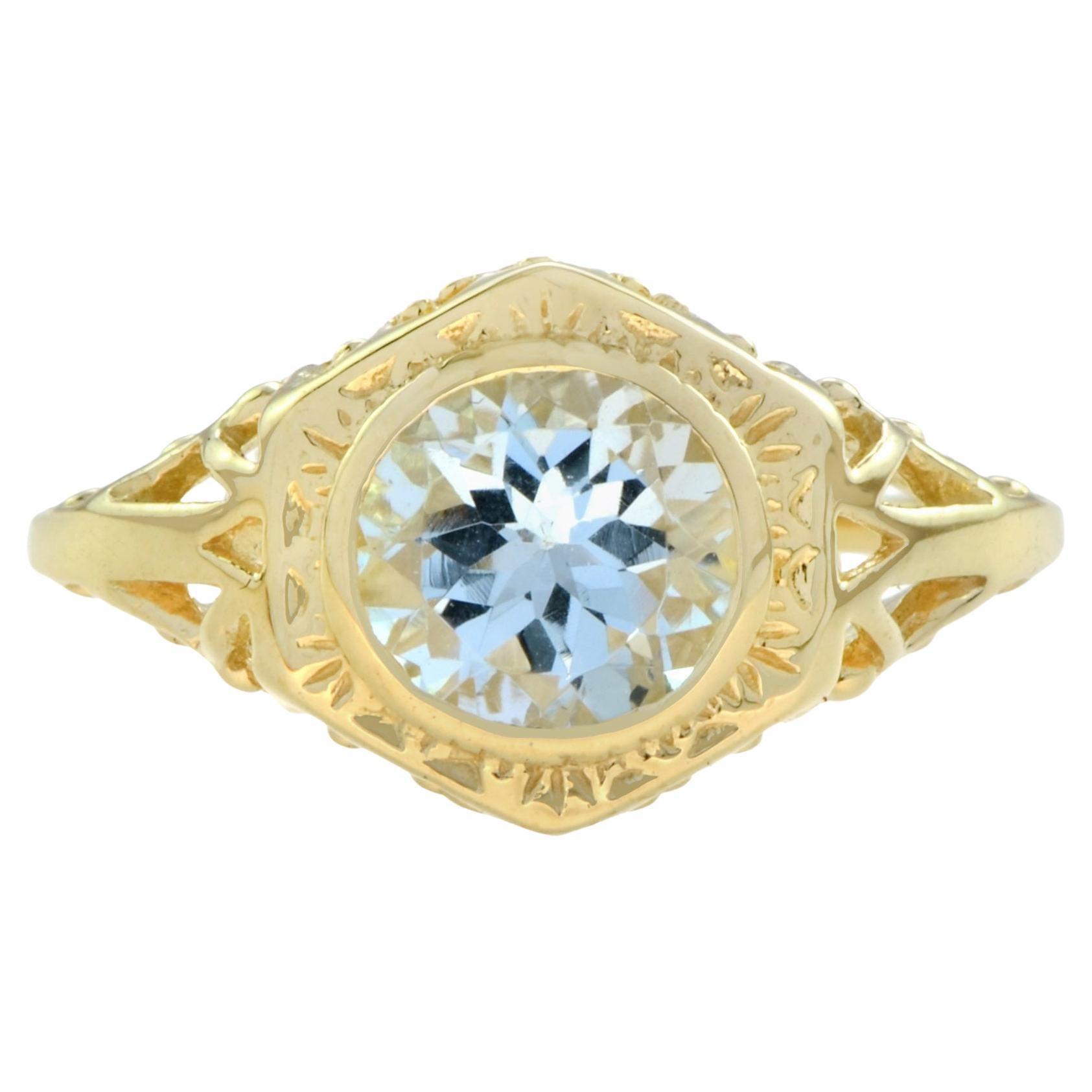 Aquamarine Hexagon Shaped Filigree Ring in 18k Yellow Gold