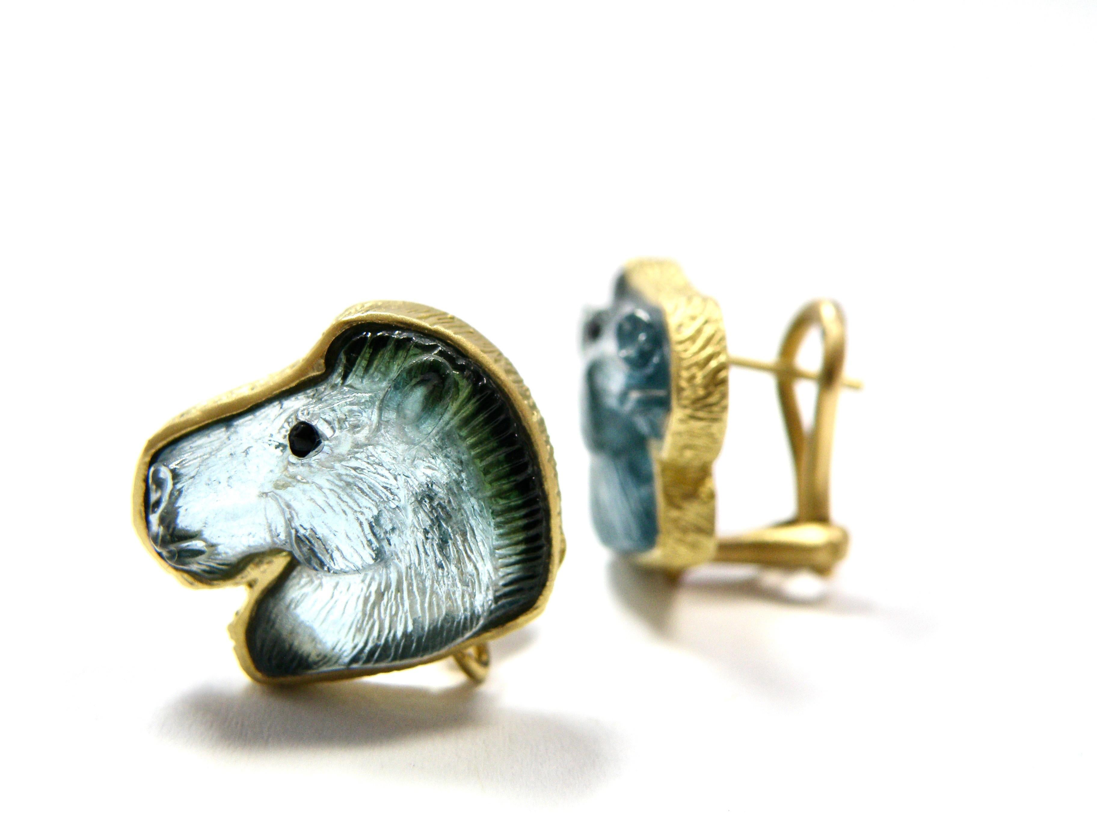 aquamarine horse earrings with  18K clip and ppost backing 14 x 16 handcaved by master idah oberstein with natural deeper stone colored mane        