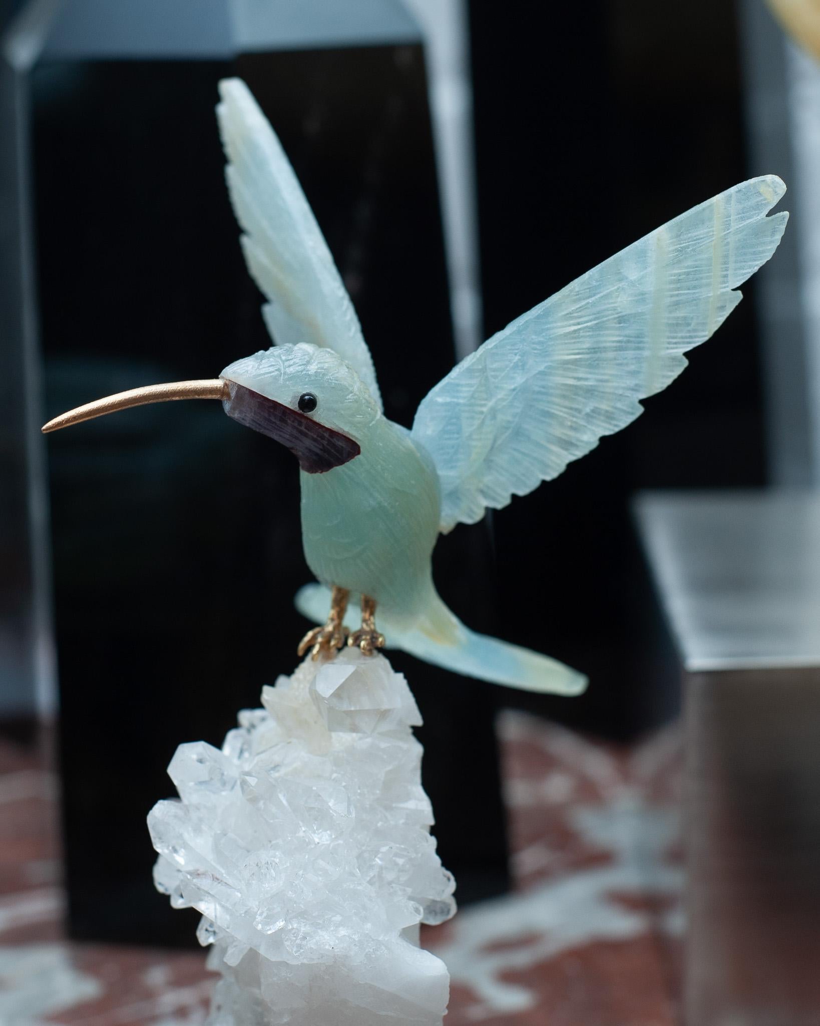 Brazilian Aquamarine Hummingbird Sculpture on Rock Crystal and Blue Onyx Mineral Base