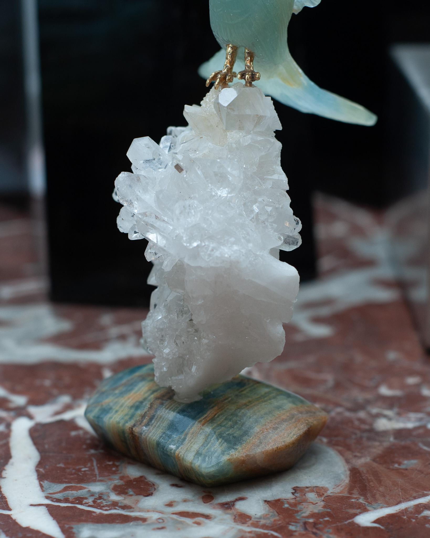 Hand-Carved Aquamarine Hummingbird Sculpture on Rock Crystal and Blue Onyx Mineral Base