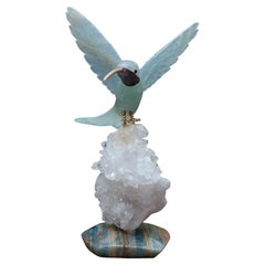 Sculpture colibri aigue-marine sur socle en cristal de roche et onyx bleu